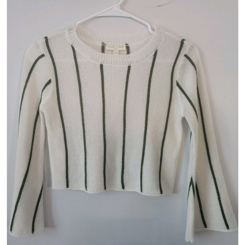 Chelsea & Violet Womans Sz. S Crop Top White Green Striped LS Loose Knit